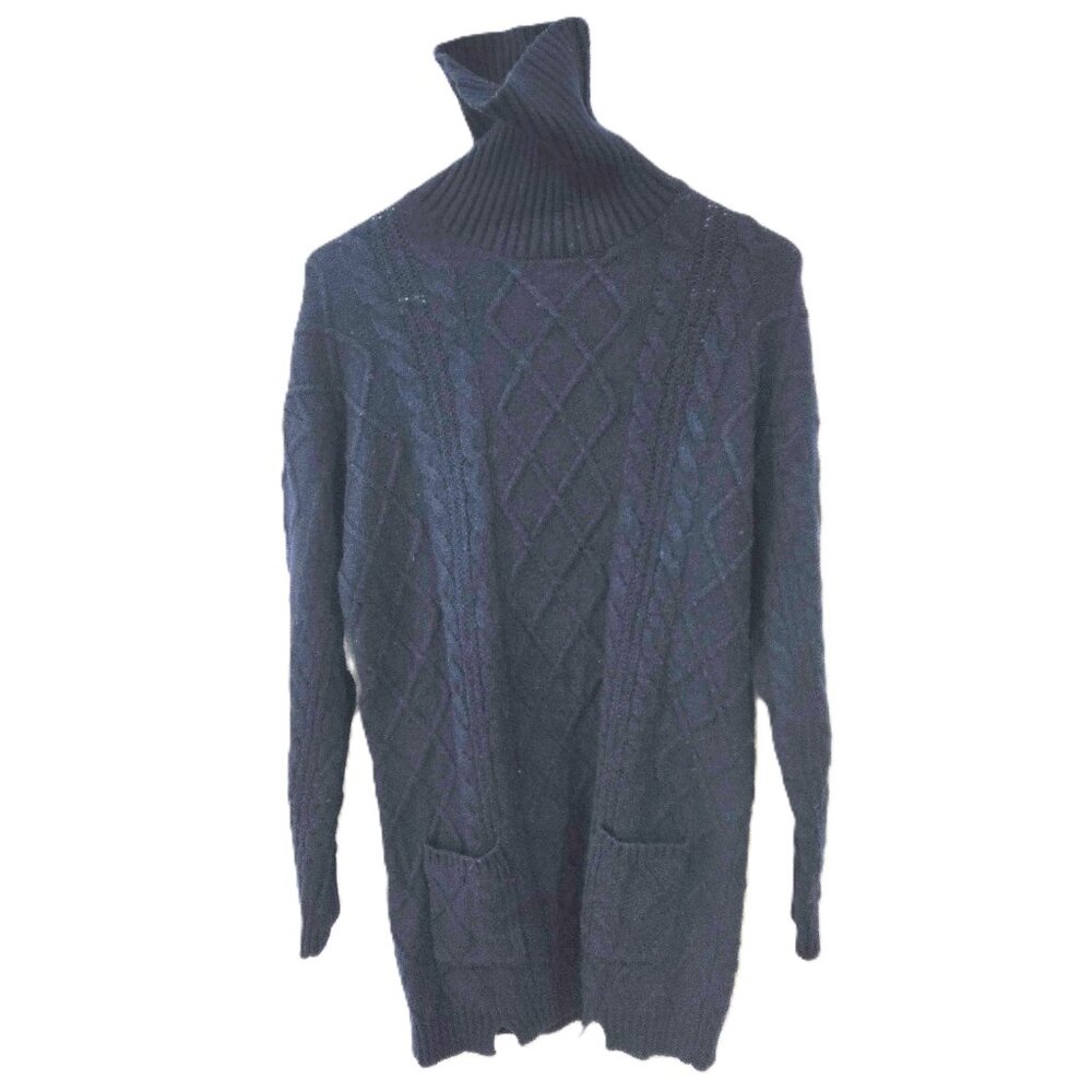 Womens Dark Blue Knit Turtleneck Sweater Dress With Front Pockets And Scarf